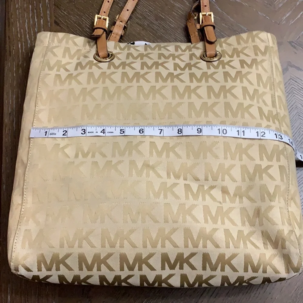 Michael Kors MK monogrammed print tan large shoulder bag with tan leather straps